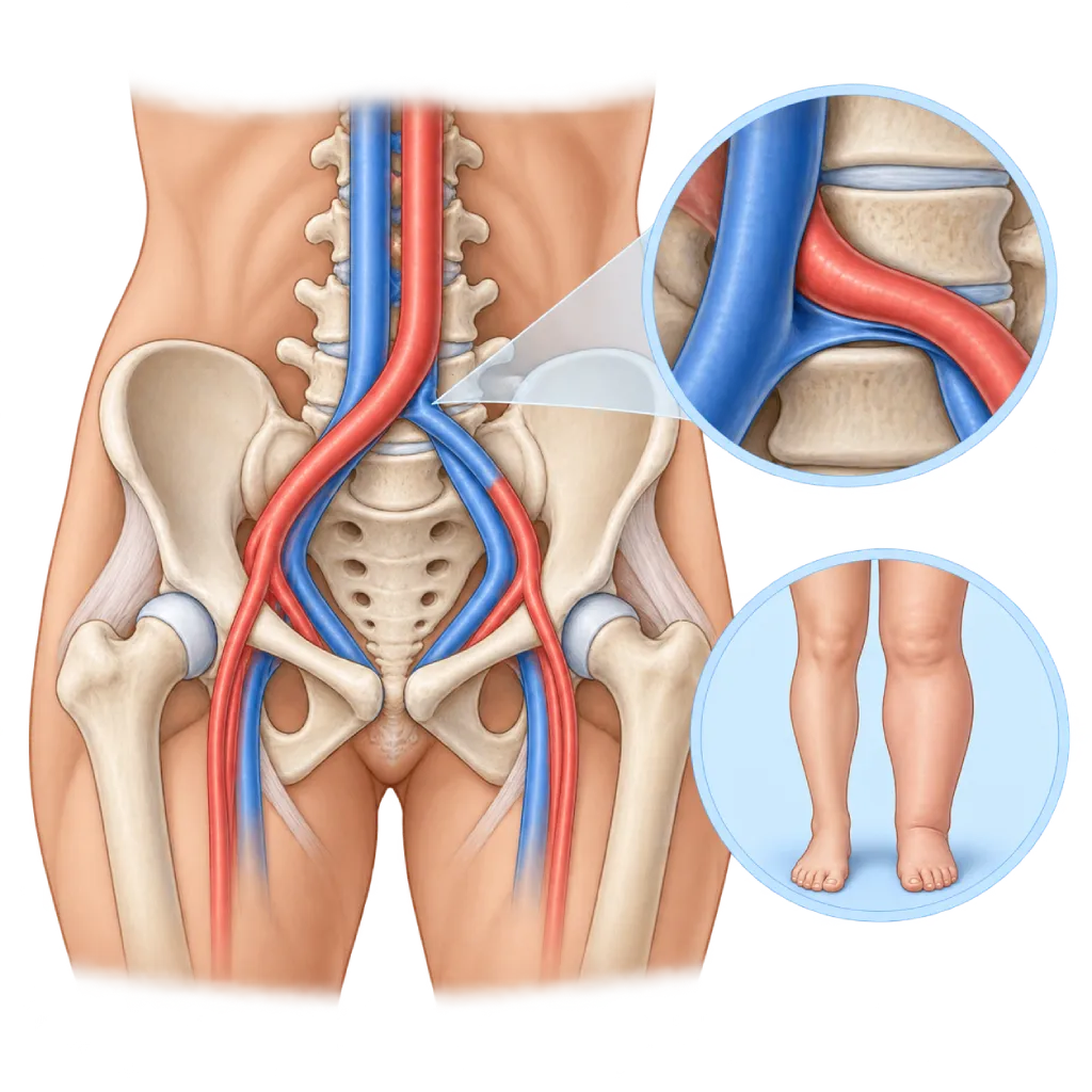 Ilustrasi anatomi sindrom May-Thurner pada panggul yang memperlihatkan arteri iliaka kanan menekan vena iliaka kiri ke arah tulang belakang, disertai inset vena yang terkompresi dan perbandingan tungkai kiri yang membengkak dengan tungkai kanan normal.