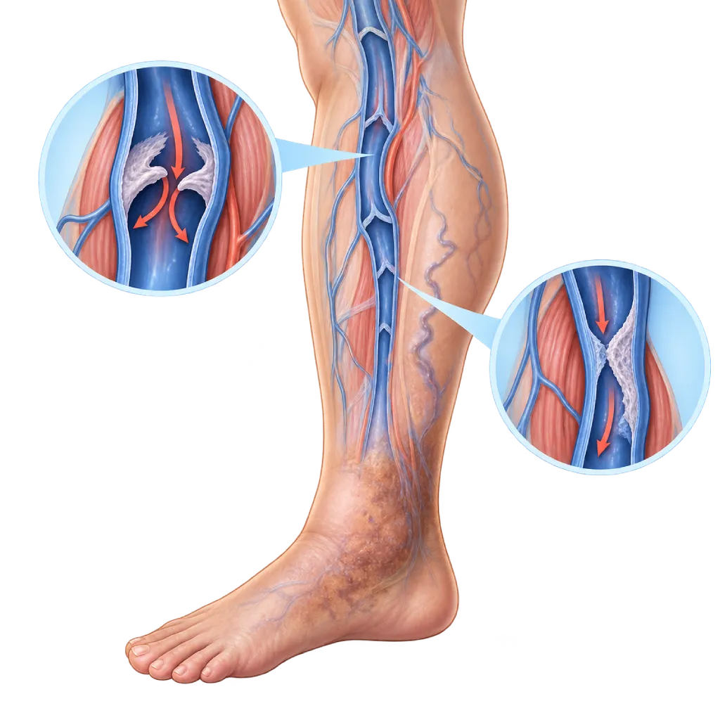 Ilustrasi medis tungkai bawah semi-transparan dengan pembengkakan ringan, kulit kecokelatan di sekitar pergelangan kaki bagian dalam, dan vena permukaan yang melebar pada betis. Inset menunjukkan vena dalam dengan katup yang rusak dan menebal serta vena yang menyempit sebagian akibat jaringan parut sisa bekuan darah lama.