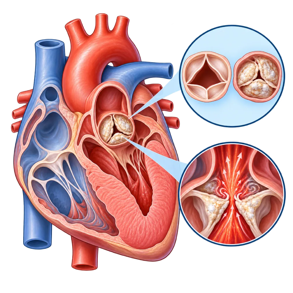 Ilustrasi anatomi jantung dengan stenosis katup aorta, memperlihatkan katup aorta yang menebal dan terkalsifikasi, lubang katup yang menyempit, ventrikel kiri yang menebal, serta inset perbandingan katup aorta normal dan katup aorta yang mengalami penyempitan.
