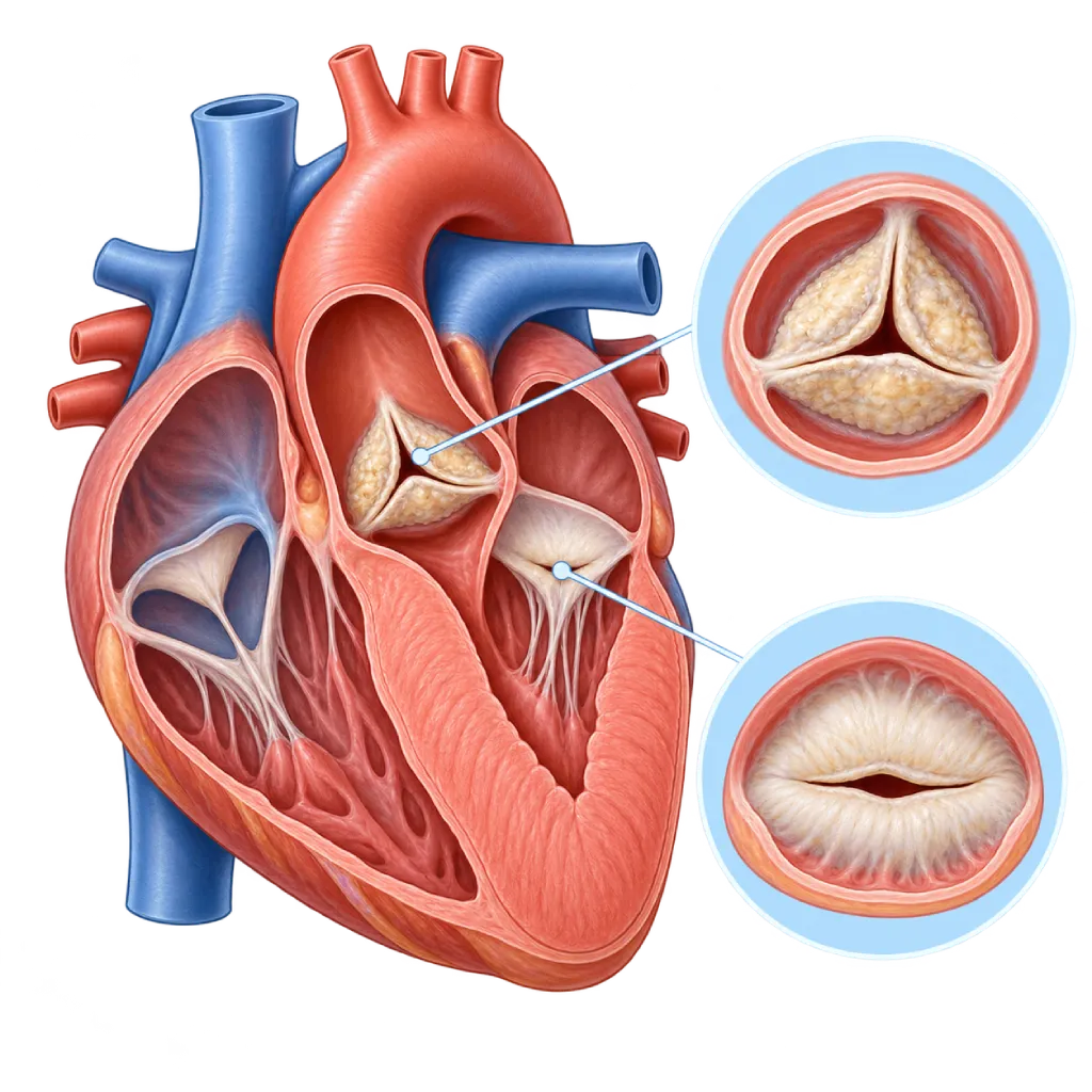 Ilustrasi medis anatomi jantung potongan melintang yang menampilkan stenosis aorta dengan daun katup menebal dan berkalsifikasi, dinding ventrikel kiri menebal, serta inset stenosis mitral dengan daun katup menyatu dan bukaan sempit.