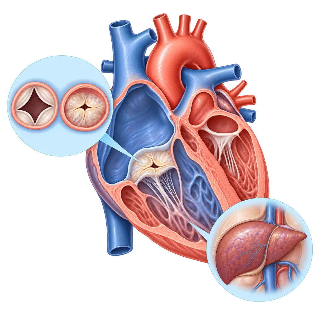 Ilustrasi anatomi jantung dengan stenosis katup trikuspid, memperlihatkan daun katup yang menebal dan menyatu, pembukaan katup yang menyempit, pembesaran atrium kanan, serta inset perbandingan dengan katup trikuspid normal dan hati yang membesar akibat bendungan darah.