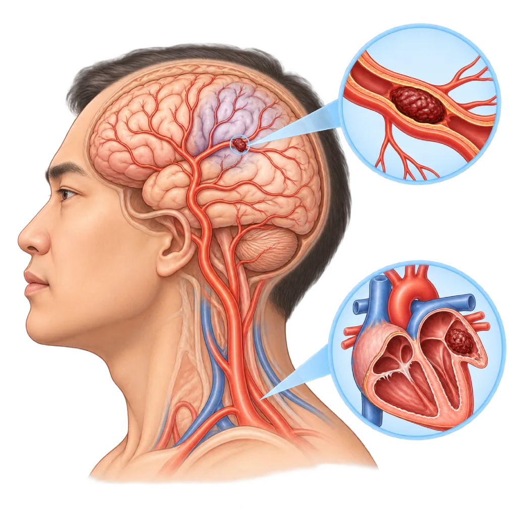 Ilustrasi medis stroke iskemik kardioembolik dengan bekuan darah yang menyumbat arteri otak dan area otak dengan aliran darah berkurang, disertai inset sumbatan pembuluh darah otak serta bekuan di atrium kiri sebagai sumber emboli.