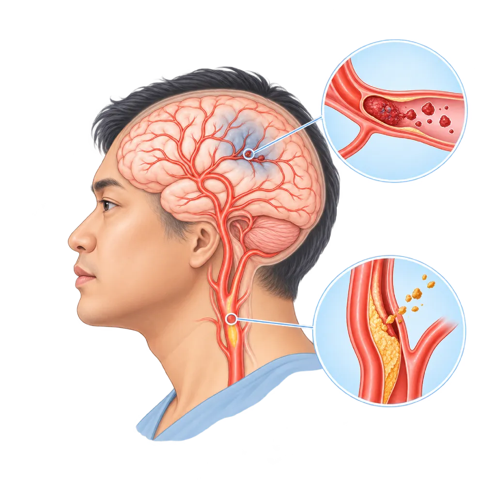 Ilustrasi medis serangan iskemik transien atau TIA pada otak, memperlihatkan bekuan kecil yang sementara menyumbat arteri otak dan area otak dengan aliran darah berkurang, disertai inset bekuan yang mulai pecah serta plak pada arteri karotis yang melepaskan fragmen kecil.