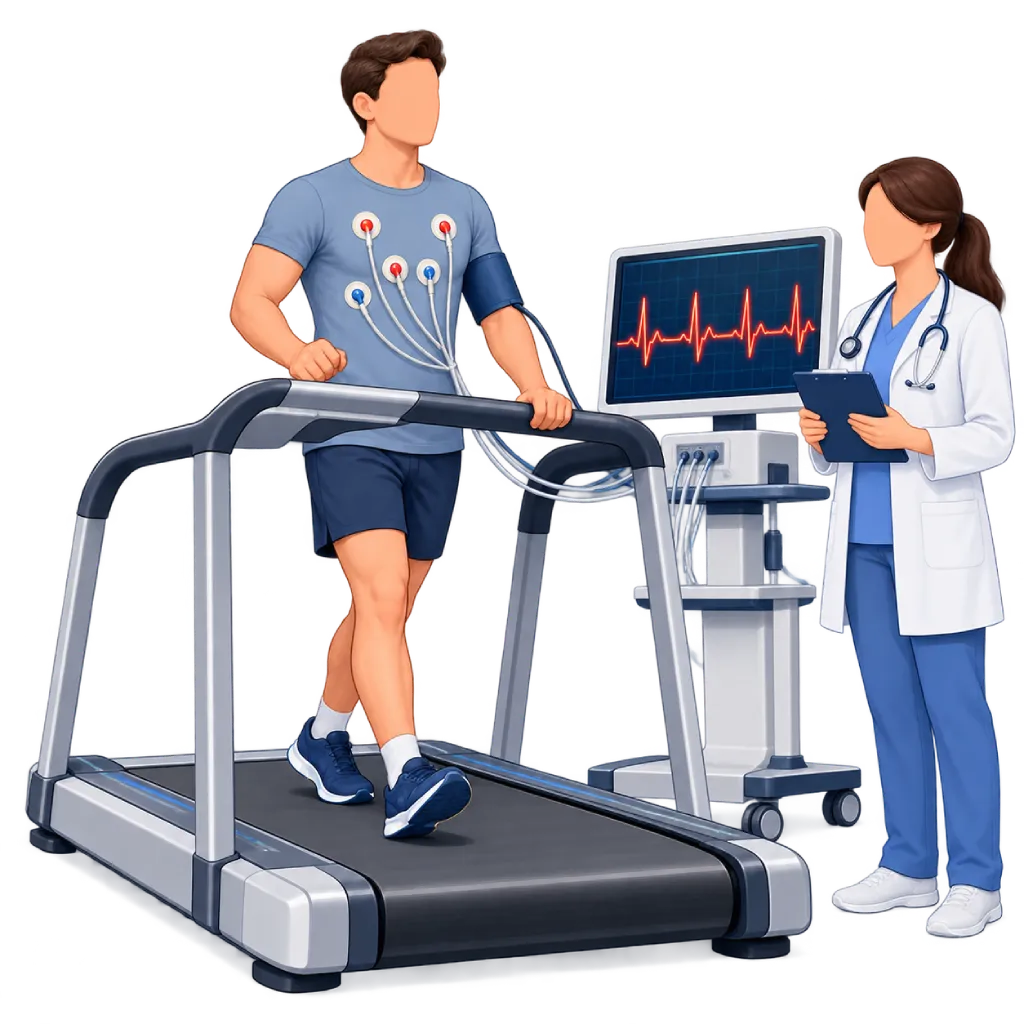 Ilustrasi treadmill test dengan pasien berjalan di treadmill menggunakan elektroda EKG dan manset tekanan darah, monitor irama jantung, serta tenaga medis yang mengawasi pemeriksaan.