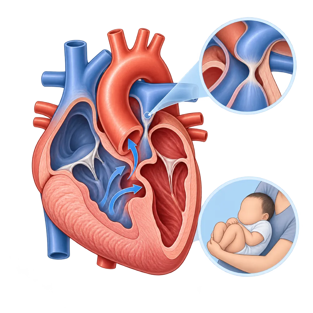 Ilustrasi medis Tetralogi Fallot pada bayi dengan potongan anatomi jantung yang menampilkan defek septum ventrikel, penyempitan aliran ke arteri pulmonalis, aorta overriding, dan penebalan ventrikel kanan.