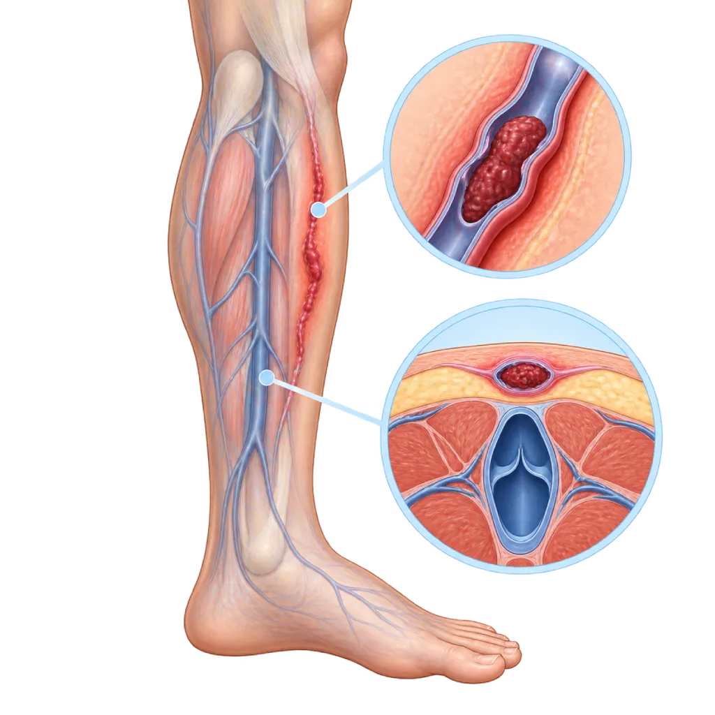 Ilustrasi medis tungkai bawah semi-transparan yang menunjukkan tromboflebitis superfisial pada vena di sisi dalam betis, dengan vena tampak kemerahan, bengkak, dan berisi bekuan kecil, serta inset perbandingan antara vena superfisial yang meradang dan vena dalam yang sehat.