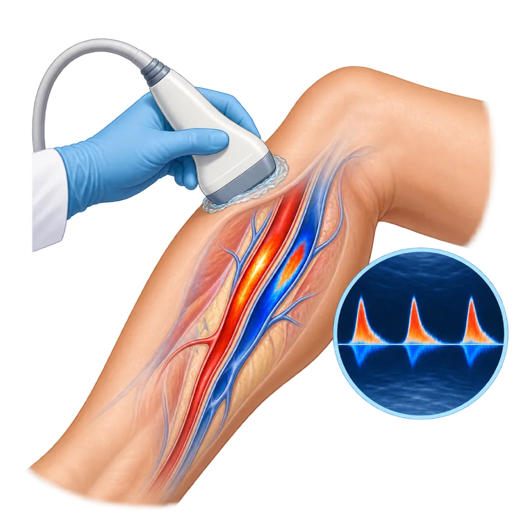 Ilustrasi pemeriksaan Doppler vaskular pada tungkai dengan probe ultrasound di atas kulit, aliran darah berwarna merah dan biru di dalam pembuluh, serta inset gelombang Doppler.