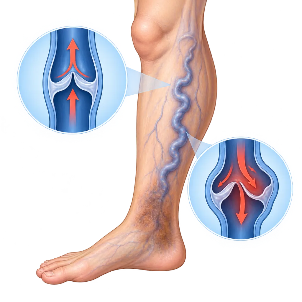 Ilustrasi medis varises kaki pada tungkai bawah yang memperlihatkan vena superfisial melebar dan berkelok di betis bagian dalam, perubahan warna kulit di sekitar pergelangan kaki, serta inset katup vena normal dan katup vena bocor.