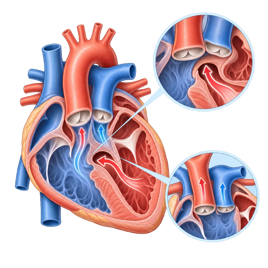 Ilustrasi anatomi jantung bayi dengan double outlet right ventricle (DORV), memperlihatkan aorta dan arteri pulmonalis keluar dari ventrikel kanan serta defek septum ventrikel sebagai jalur aliran dari ventrikel kiri.