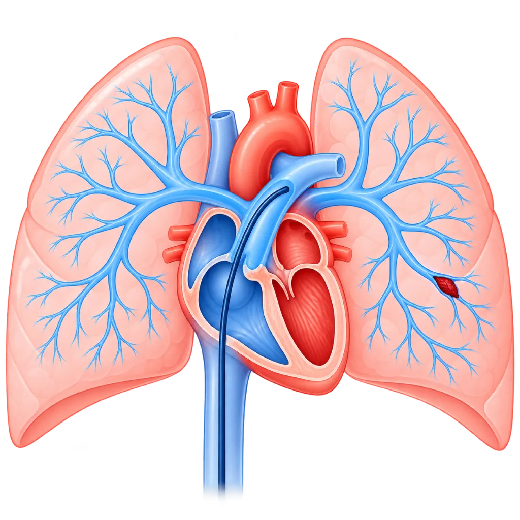 Ilustrasi angiografi paru dengan jantung, arteri pulmonalis bercabang ke kedua paru, kateter dari vena menuju jantung kanan, dan bekuan darah yang menyumbat salah satu cabang arteri paru.