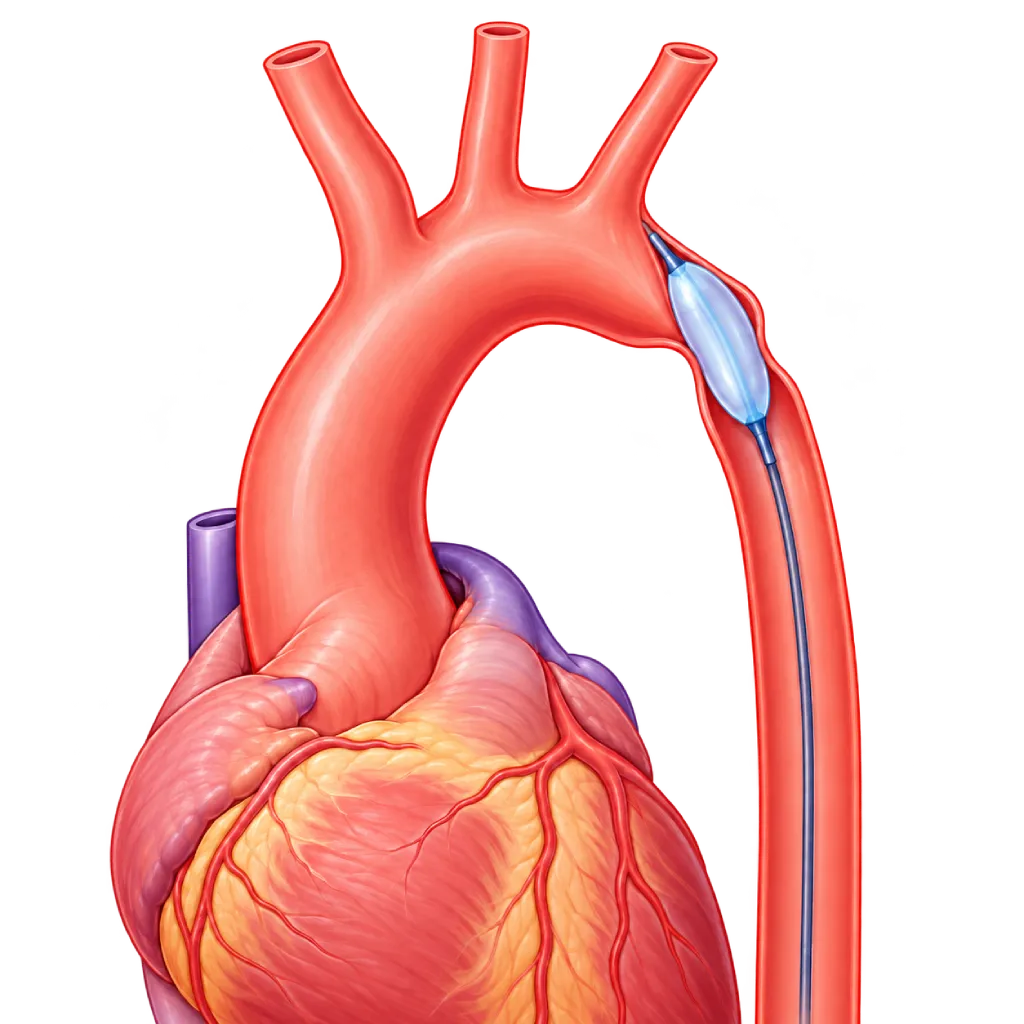 Ilustrasi balloon angioplasty pada koarktasio aorta dengan balon kateter yang dikembangkan di bagian aorta yang menyempit.