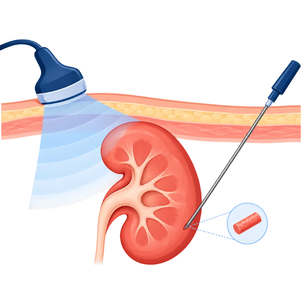 Ilustrasi biopsi ginjal dengan probe ultrasonografi, jarum biopsi yang masuk ke jaringan ginjal, dan sampel jaringan kecil.