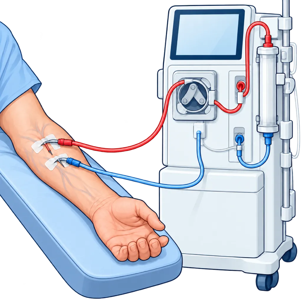 Ilustrasi hemodialisis melalui fistula arteriovenosa dengan dua jarum, selang darah merah dan biru, pompa darah, serta dialyzer.