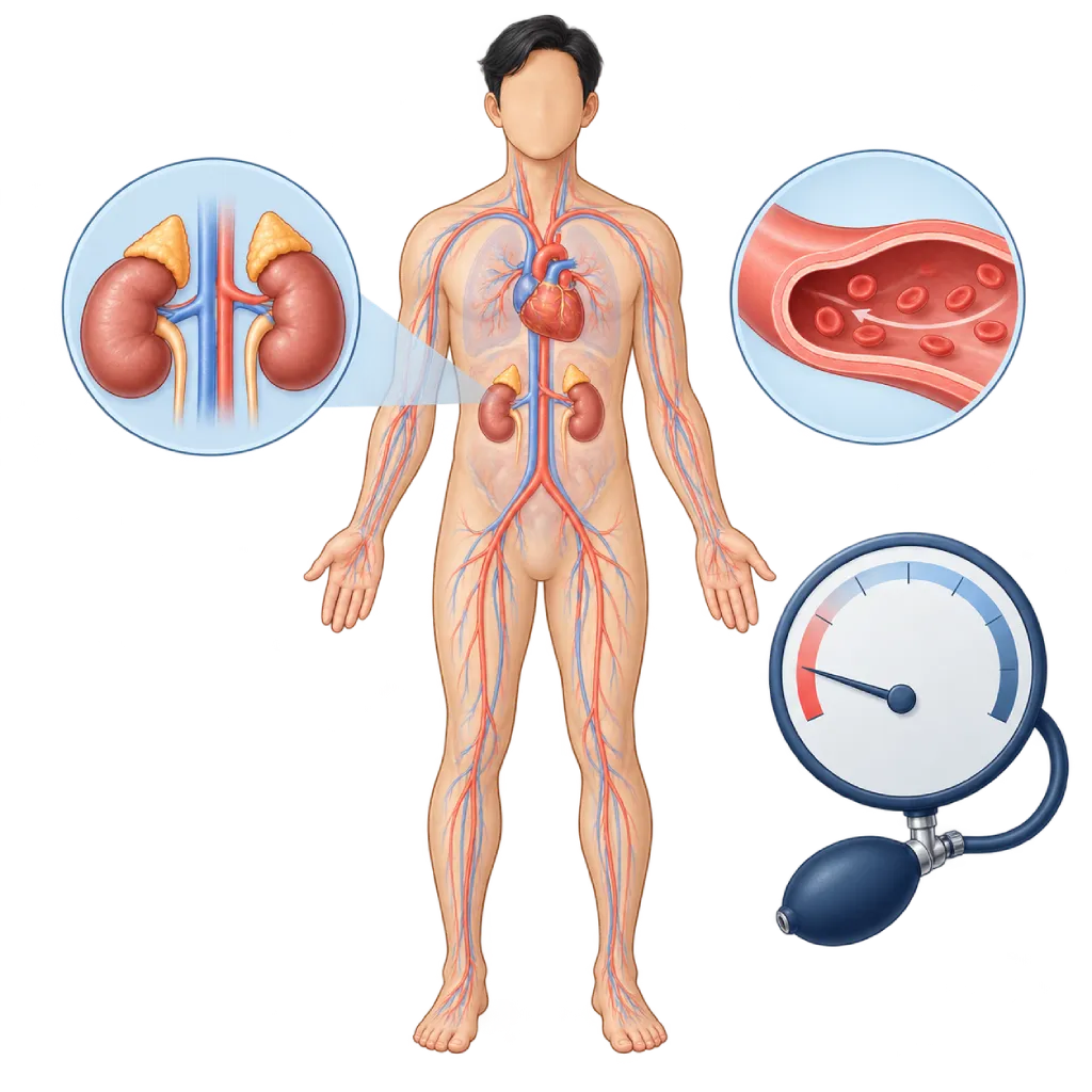 Ilustrasi medis hipotensi kronis pada tubuh manusia dengan jantung dan sistem arteri terlihat lebih tipis, alat pengukur tekanan darah menunjukkan rentang rendah, serta inset kelenjar adrenal di atas ginjal dan penampang arteri dengan aliran darah yang lebih lambat.