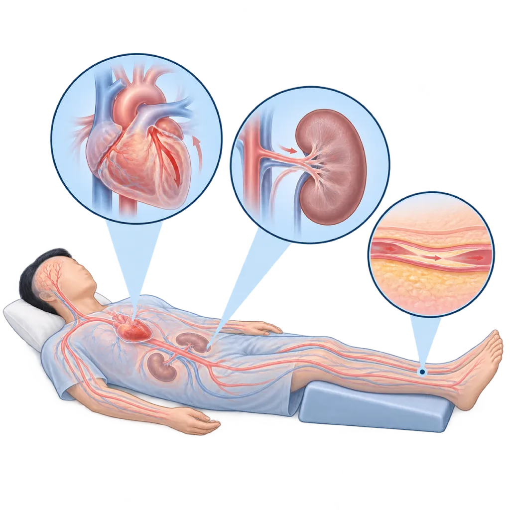 Ilustrasi medis seorang pasien berbaring telentang dengan kaki sedikit diangkat, menampilkan jantung dan pembuluh darah besar dengan aliran darah rendah ke otak, ginjal, kulit, dan anggota gerak, serta inset jantung yang memompa lemah, ginjal dengan perfusi berkurang, dan arteri kulit yang menyempit serta tampak pucat.