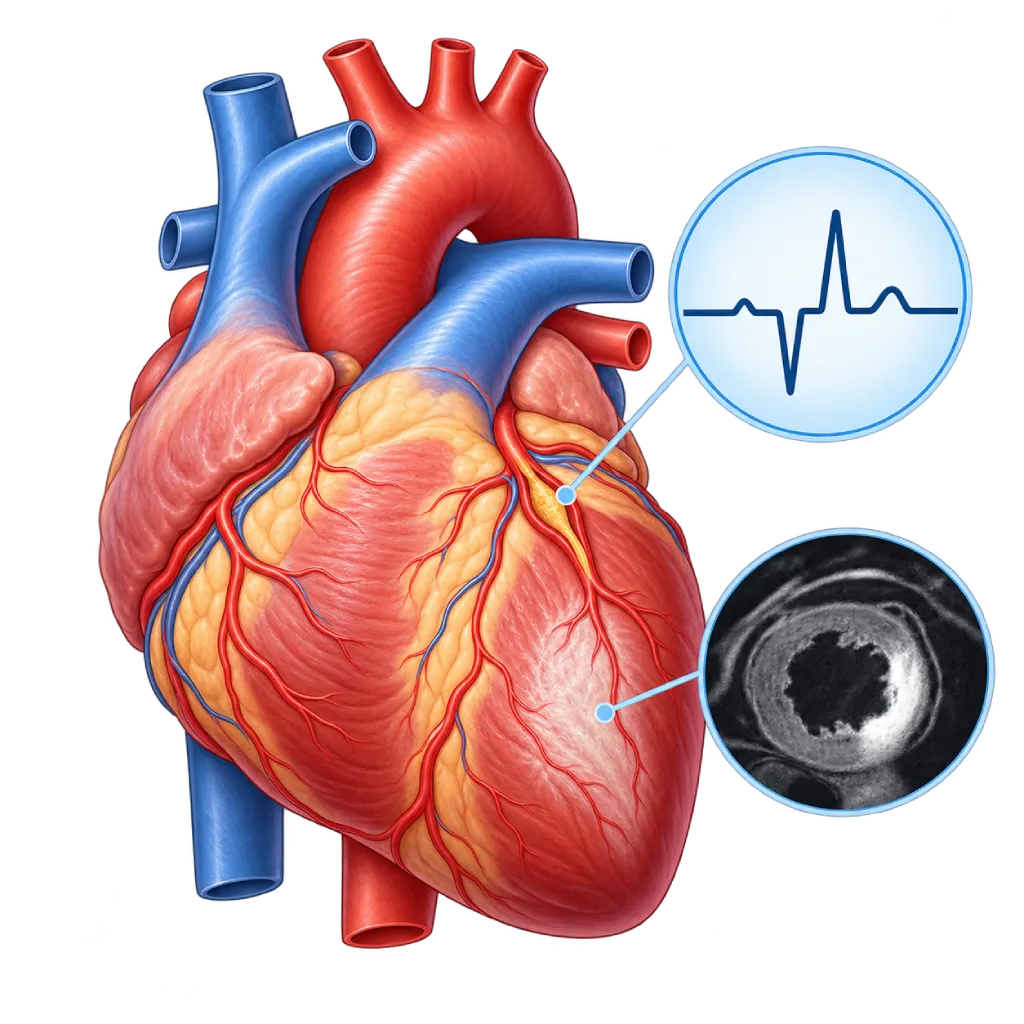 Ilustrasi medis jantung dengan area jaringan parut pada dinding ventrikel kiri, penyempitan arteri koroner, inset EKG dengan gelombang Q, dan hasil pemindaian jantung yang menyoroti bekas serangan jantung.