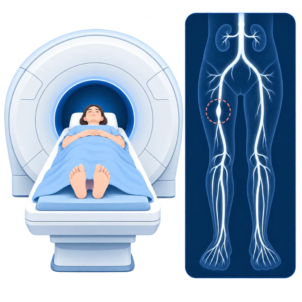 Ilustrasi pasien menjalani MR angiografi dengan gambaran pembuluh darah tungkai dan penyempitan arteri pada paha kanan.