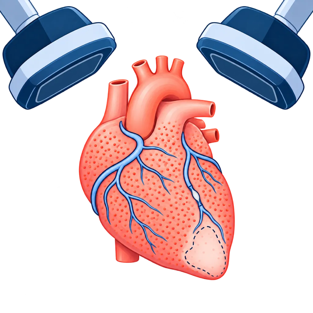 Ilustrasi myocardial perfusion imaging dengan jantung berisi pola tracer, pembuluh darah koroner, area perfusi rendah di ujung jantung, dan dua kamera gamma di atasnya.