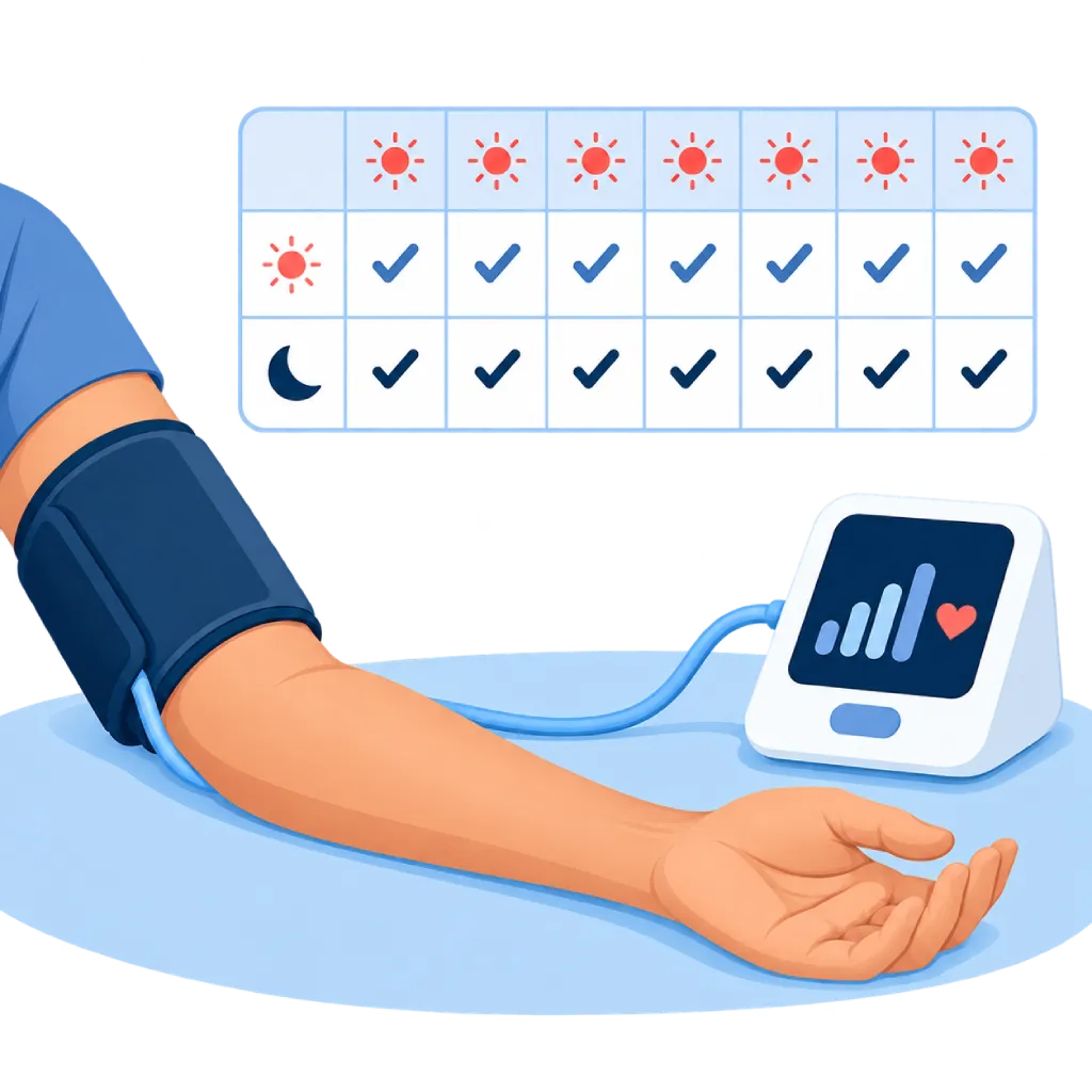 Ilustrasi home blood pressure monitoring dengan manset tensi pada lengan, alat pengukur tekanan darah digital, dan kalender pencatatan hasil pemeriksaan tekanan darah.