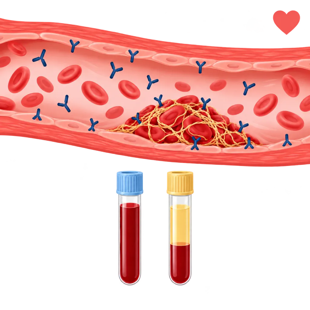 Ilustrasi tes antibodi antifosfolipid dengan antibodi berbentuk Y, bekuan darah dan fibrin di pembuluh darah, serta dua tabung sampel darah.