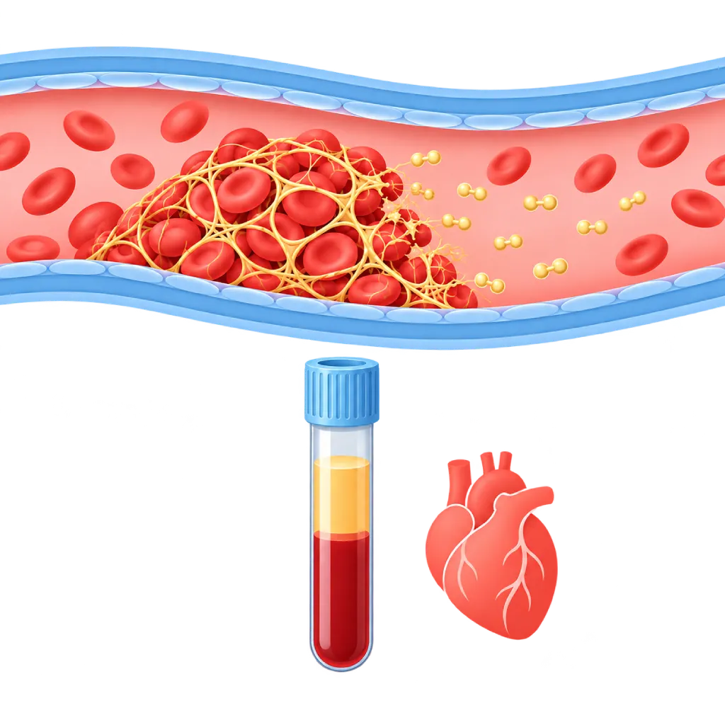 Ilustrasi tes D-dimer dengan bekuan darah dalam pembuluh vena, jaring fibrin yang terurai, fragmen D-dimer, tabung sampel darah, dan ikon jantung.
