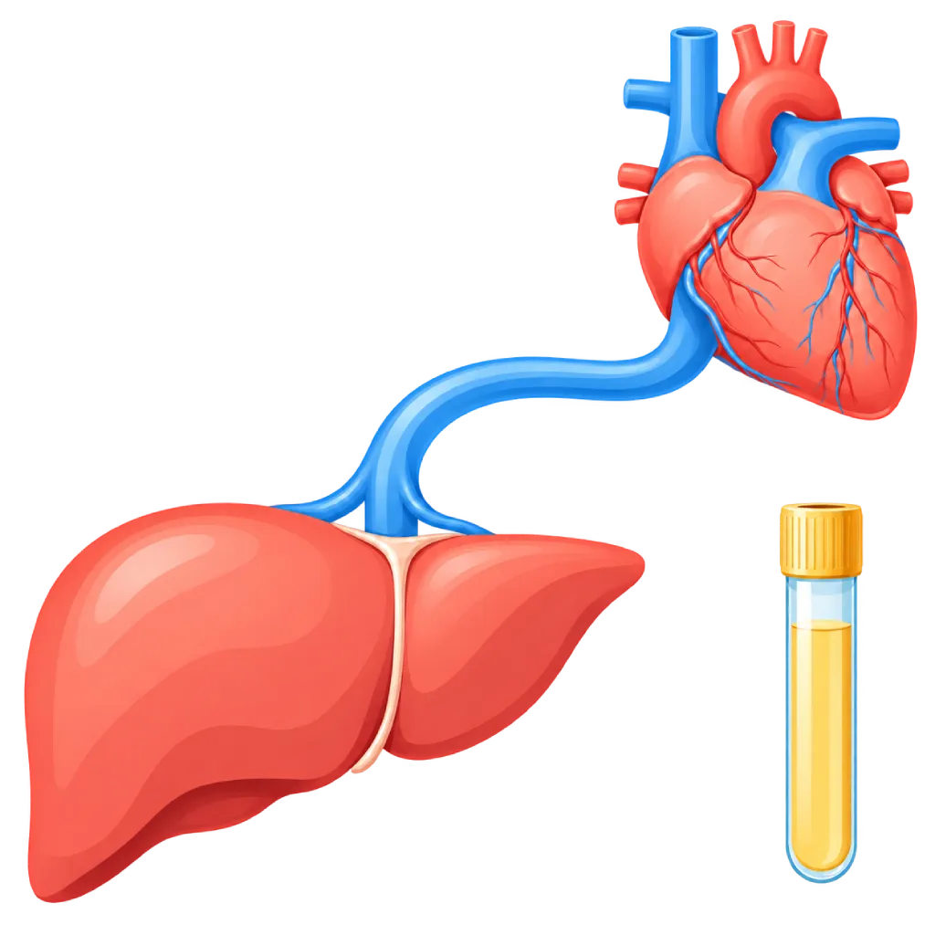 Ilustrasi tes fungsi hati dengan organ hati, pembuluh darah menuju jantung, dan tabung sampel serum untuk pemeriksaan laboratorium.