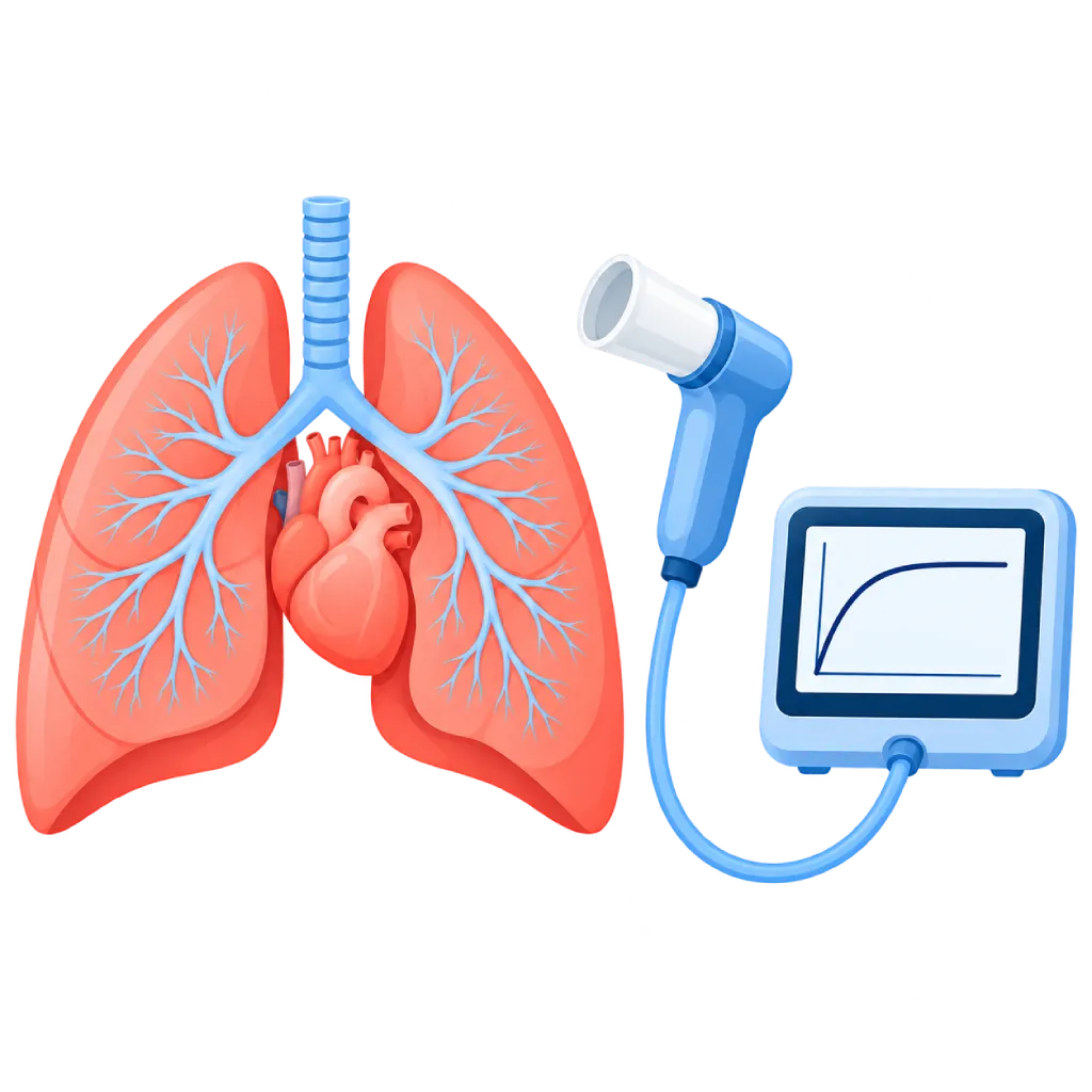 Ilustrasi tes spirometri dengan paru-paru, jantung, alat spirometer, mouthpiece, dan grafik aliran udara pada layar.