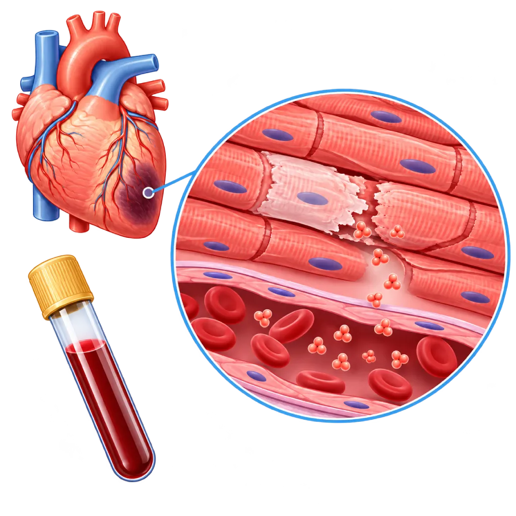 Ilustrasi tes troponin dengan area otot jantung yang mengalami cedera, pelepasan biomarker ke pembuluh darah, dan tabung sampel darah.
