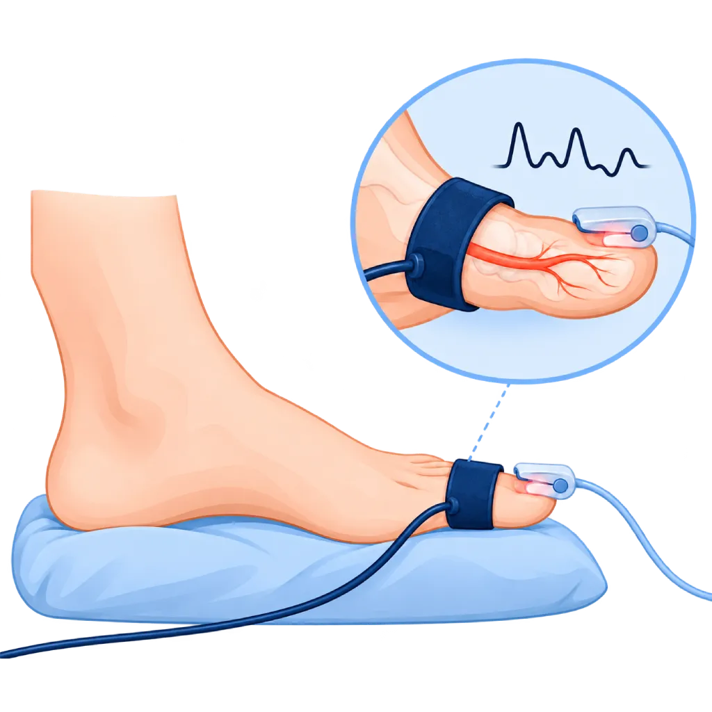 Ilustrasi tes toe-brachial index dengan manset kecil di ibu jari kaki, sensor cahaya, kabel, arteri jari kaki, dan gelombang nadi.