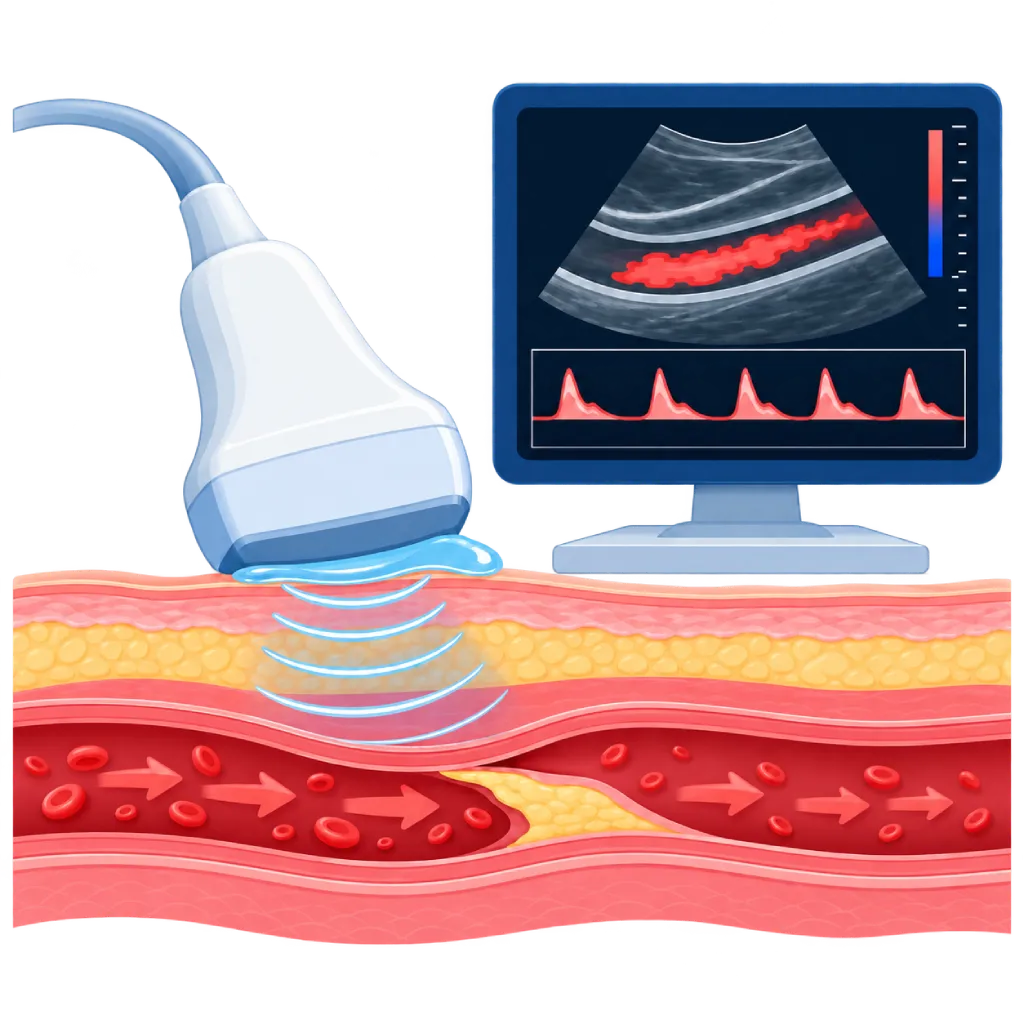 Ilustrasi ultrasound duplex vaskular dengan probe, gel, aliran darah, plak pembuluh darah, dan tampilan Doppler pada monitor.