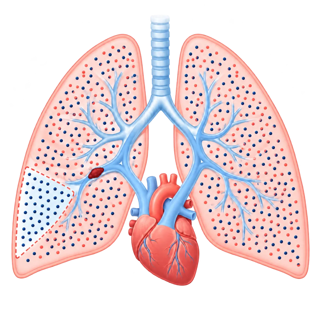 Ilustrasi V/Q scan paru dengan distribusi ventilasi dan perfusi, area mismatch berbentuk baji, bekuan darah pada cabang arteri pulmonalis, dan jantung.