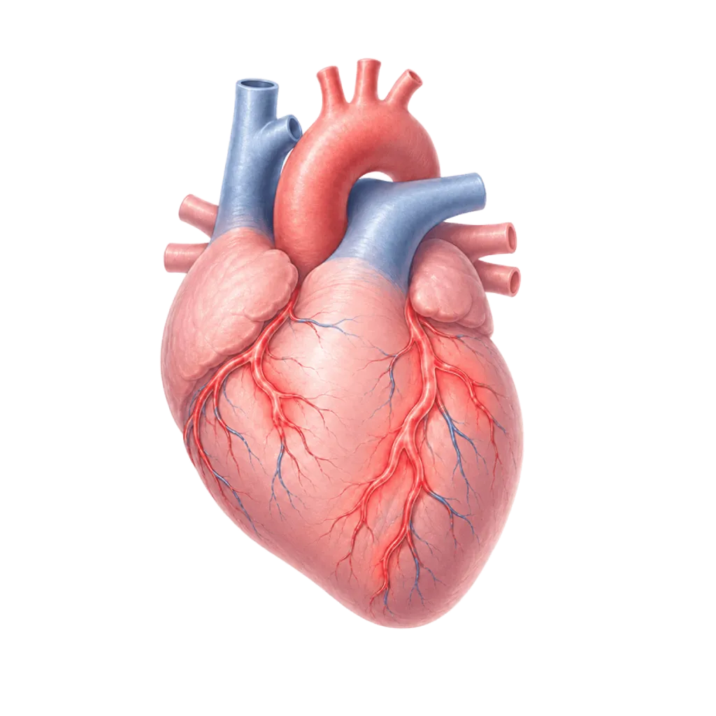 Ilustrasi anatomi jantung anak dengan pembuluh darah koroner dan aksen visual medis Heartology Heart Wellness.