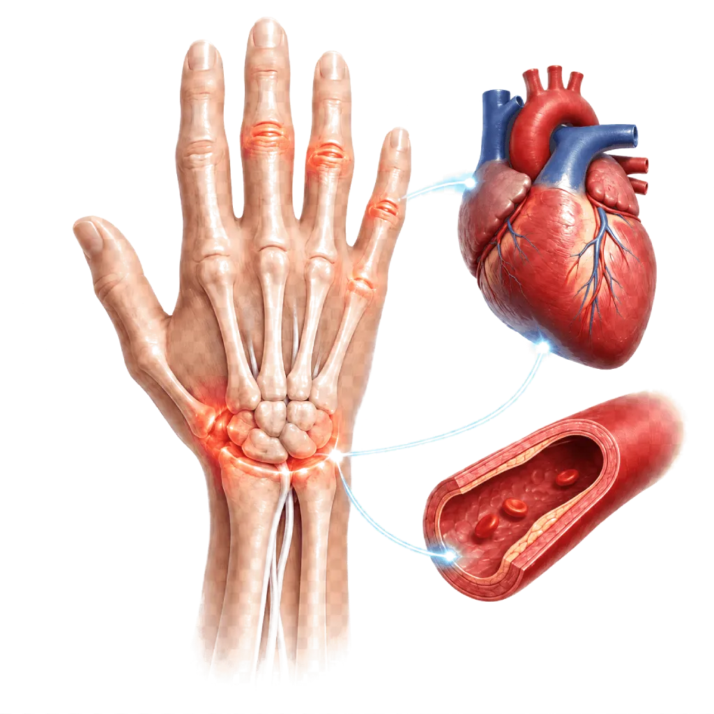 Ilustrasi rheumatoid arthritis pada sendi tangan dengan visual jantung dan pembuluh darah untuk edukasi kaitannya dengan kesehatan kardiovaskular.