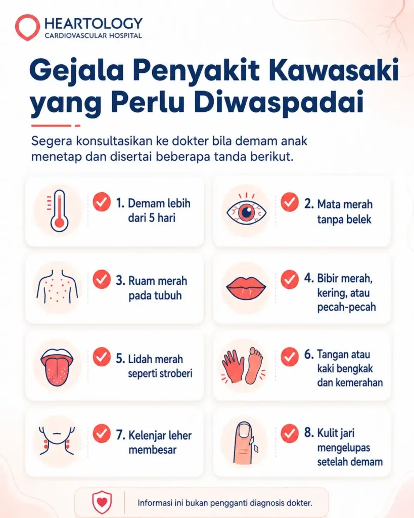 Infografis medis berbahasa Indonesia dari Heartology Cardiovascular Hospital tentang gejala Penyakit Kawasaki pada anak, termasuk demam lebih dari 5 hari, mata merah tanpa belek, ruam merah, bibir kering atau pecah-pecah, lidah merah seperti stroberi, tangan atau kaki bengkak, kelenjar leher membesar, dan kulit jari mengelupas setelah demam. 