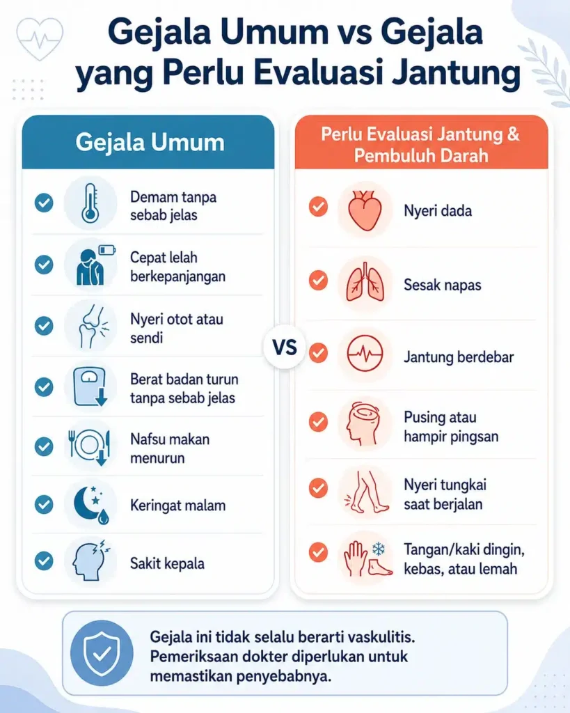 Infografis medis berbahasa Indonesia tentang vaskulitis yang membandingkan gejala umum seperti demam, cepat lelah, nyeri otot atau sendi, penurunan berat badan, nafsu makan menurun, keringat malam, dan sakit kepala dengan gejala yang perlu evaluasi jantung dan pembuluh darah seperti nyeri dada, sesak napas, jantung berdebar, pusing, nyeri tungkai saat berjalan, serta tangan atau kaki dingin, kebas, atau lemah.