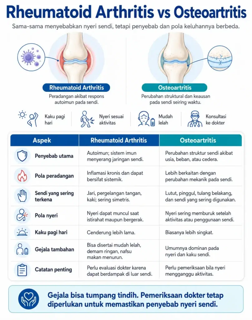 Infografis perbandingan Rheumatoid Arthritis dan Osteoartritis yang menjelaskan perbedaan penyebab, peradangan, lokasi sendi yang terkena, pola nyeri, kaku pagi hari, gejala tambahan, serta pentingnya pemeriksaan dokter.