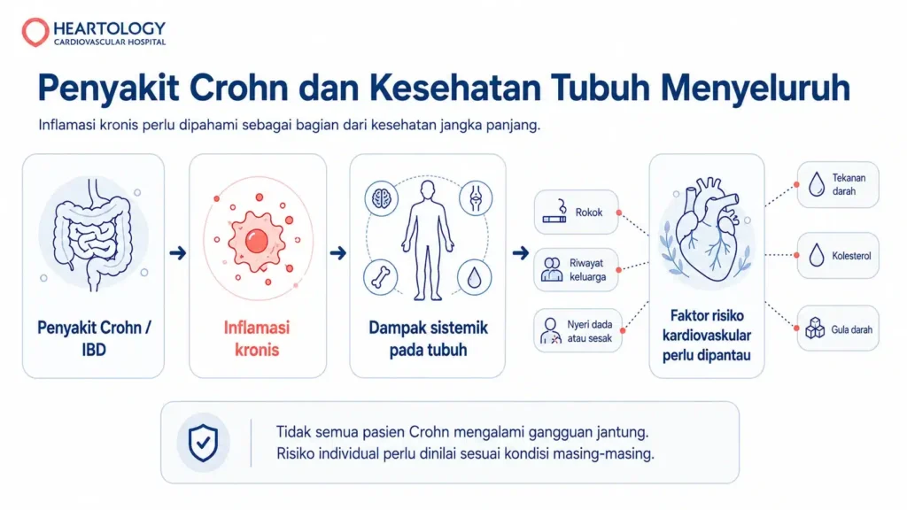 Diagram medis tentang hubungan Penyakit Crohn dengan inflamasi kronis, dampak sistemik pada tubuh, dan pemantauan faktor risiko kardiovaskular seperti tekanan darah, kolesterol, gula darah, rokok, riwayat keluarga, serta nyeri dada atau sesak.