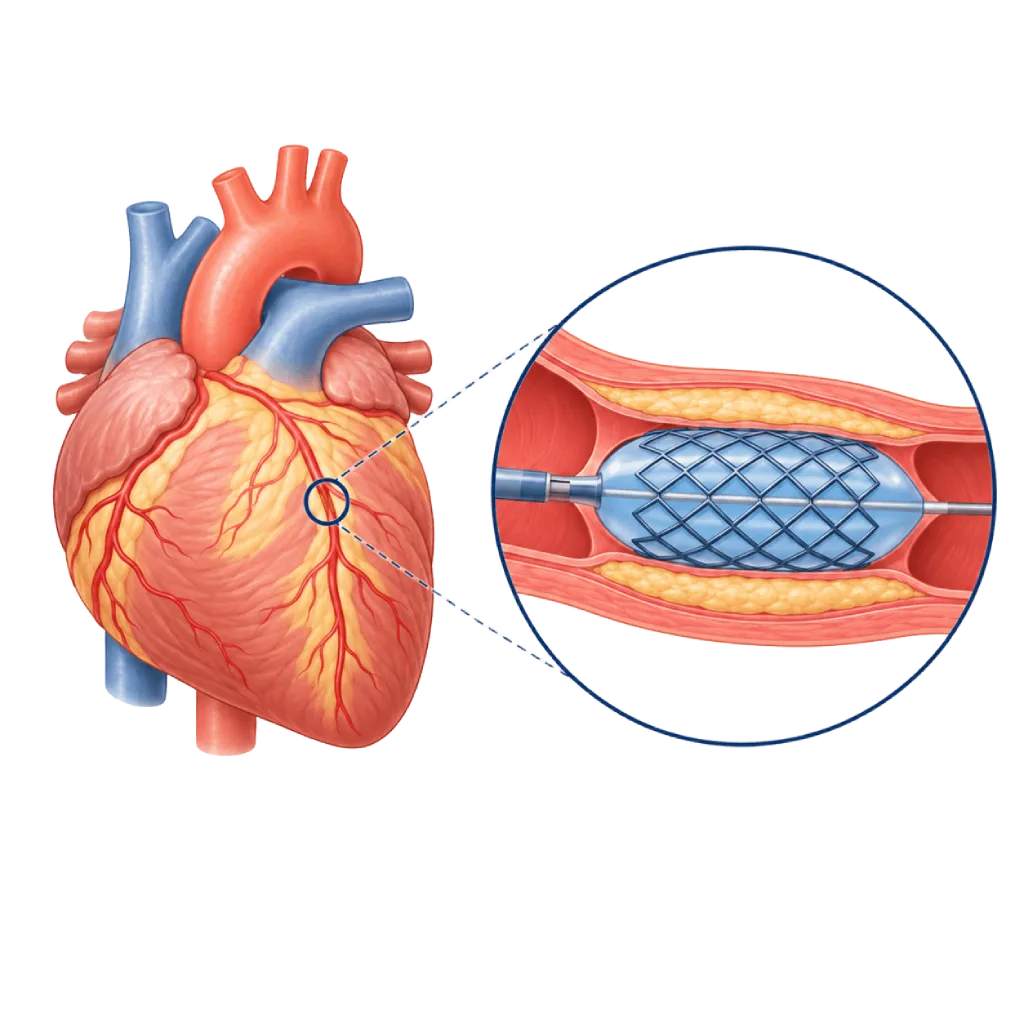 Ilustrasi medis yang menampilkan jantung manusia dan pembesaran arteri koroner saat prosedur angioplasti balon dengan pemasangan stent untuk melebarkan pembuluh darah yang menyempit.