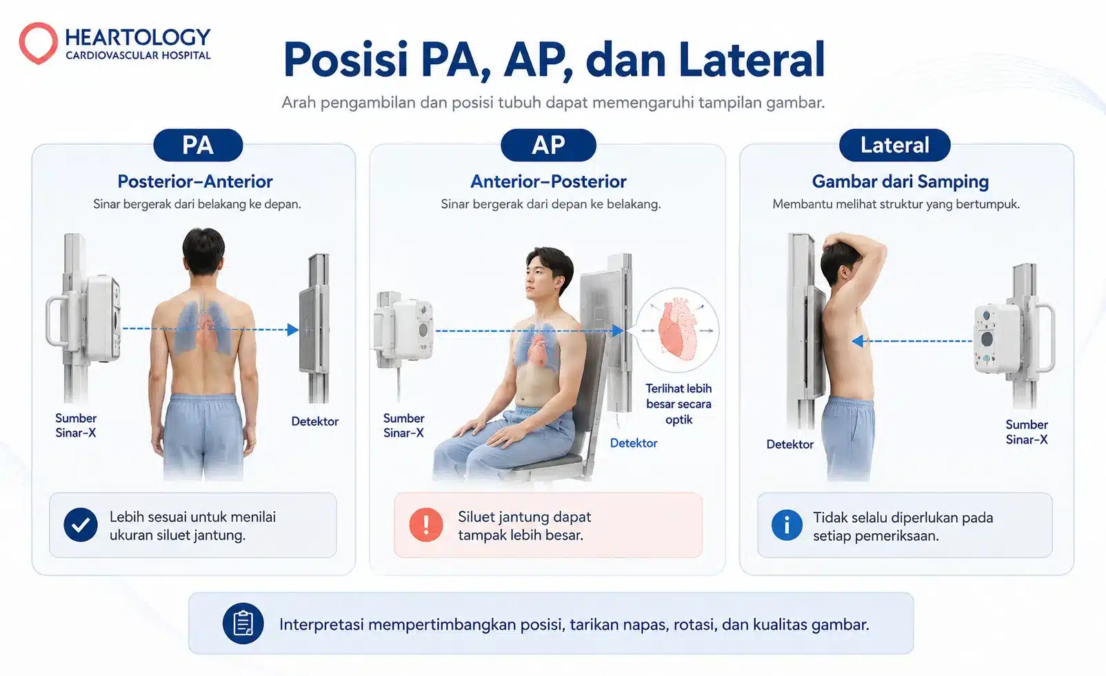 Infografik posisi PA, AP, dan lateral pada rontgen thorax yang menunjukkan arah sinar-X, posisi pasien, letak detektor, dan perbedaan tampilan gambar.