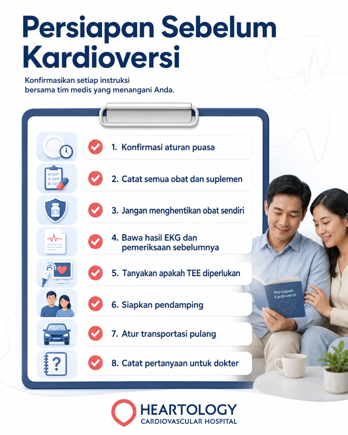 Infografik persiapan sebelum kardioversi dari Heartology Cardiovascular Hospital dengan checklist konfirmasi puasa, catatan obat dan suplemen, larangan menghentikan obat sendiri, membawa hasil EKG, menanyakan TEE, menyiapkan pendamping, mengatur transportasi pulang, dan mencatat pertanyaan untuk dokter.