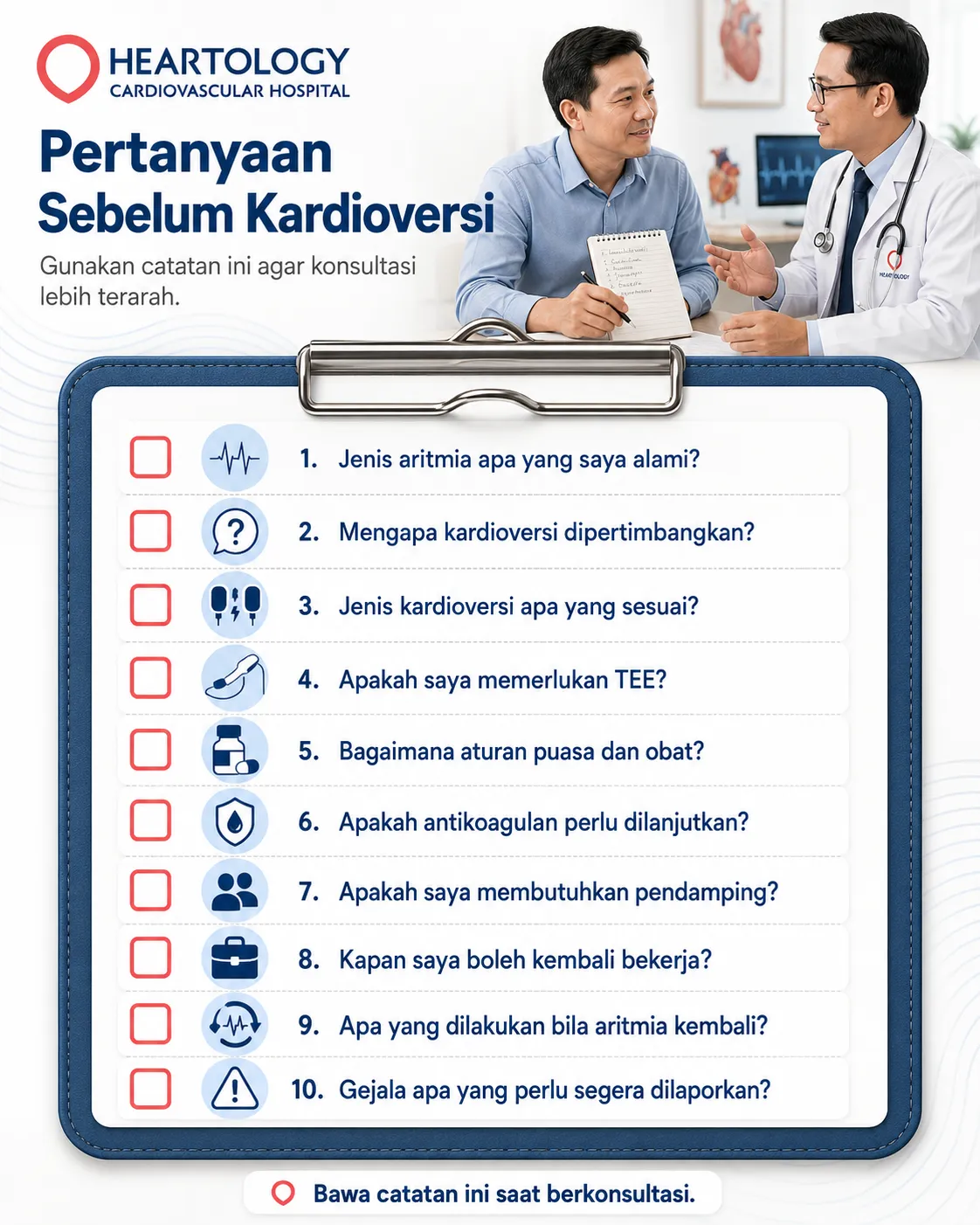 Infografik Heartology Cardiovascular Hospital berjudul “Pertanyaan Sebelum Kardioversi” yang berisi daftar pertanyaan penting untuk ditanyakan kepada dokter sebelum menjalani kardioversi, termasuk jenis aritmia, kebutuhan TEE, aturan puasa dan obat, antikoagulan, pendamping, kembali bekerja, dan gejala yang perlu segera dilaporkan.