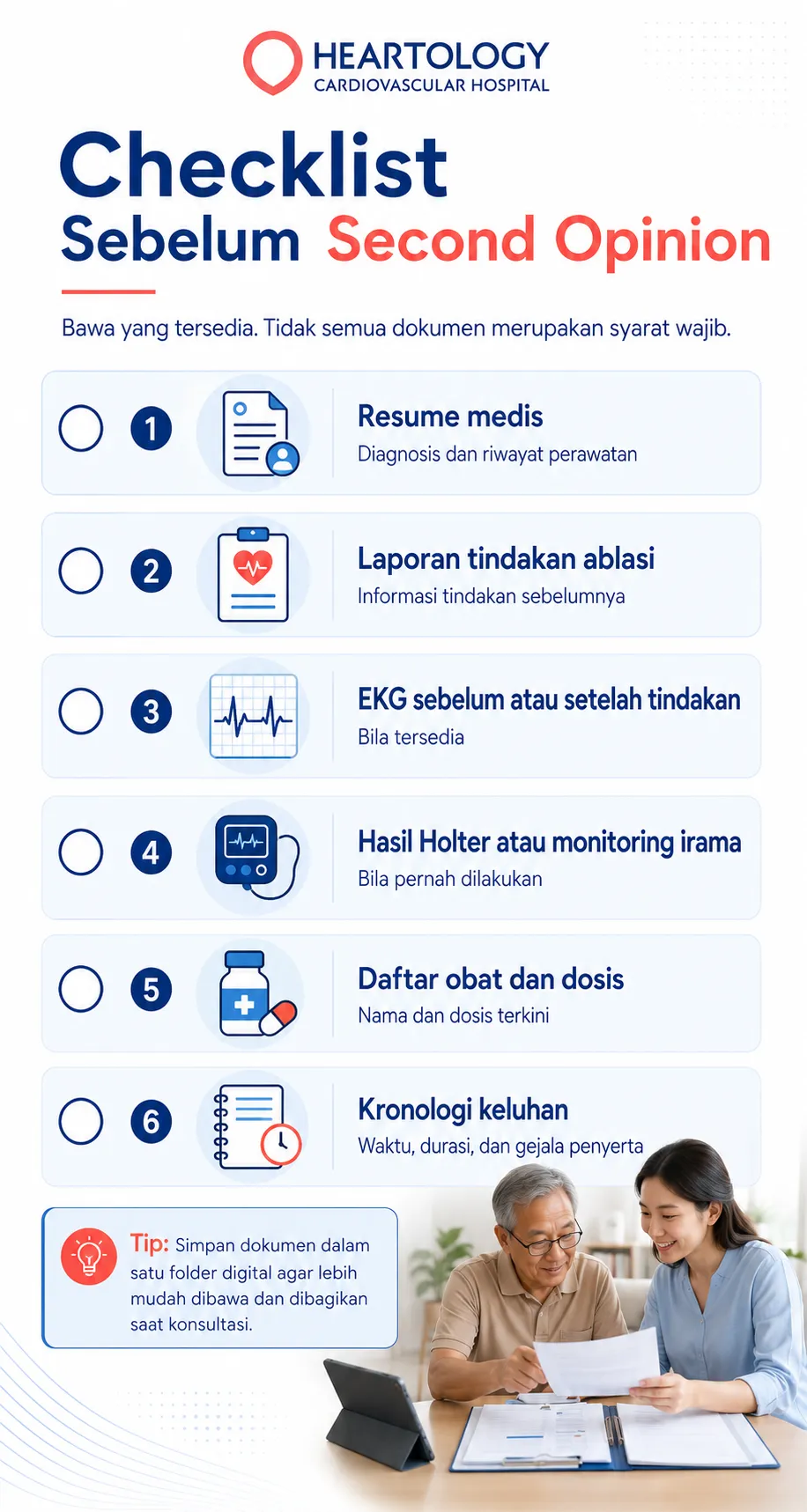 muat resume medis, laporan ablasi, EKG, hasil Holter atau monitoring irama, daftar obat dan dosis, serta kronologi keluhan untuk membantu persiapan konsultasi.