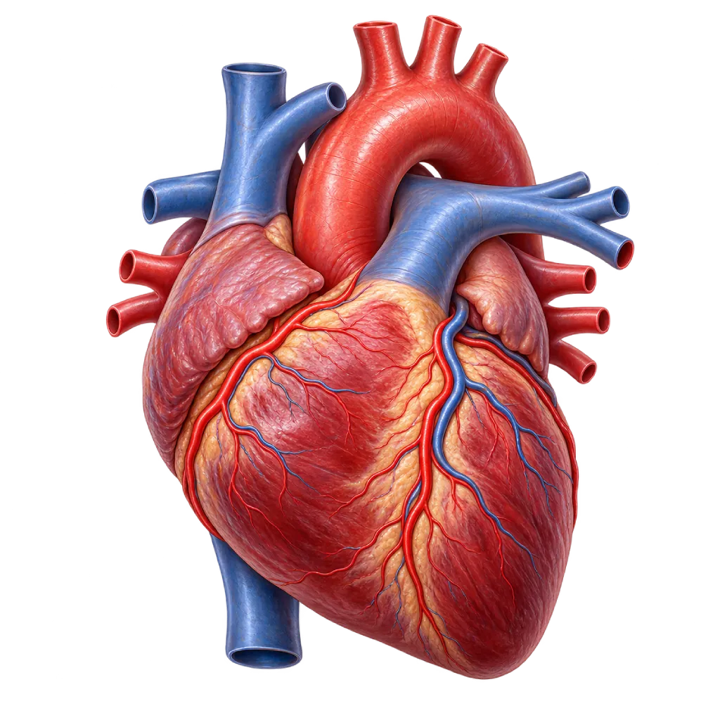 Ilustrasi anatomi jantung manusia tampak anterior dengan pembuluh koroner, aorta, arteri pulmonalis, serta pembuluh darah utama yang terlihat jelas.