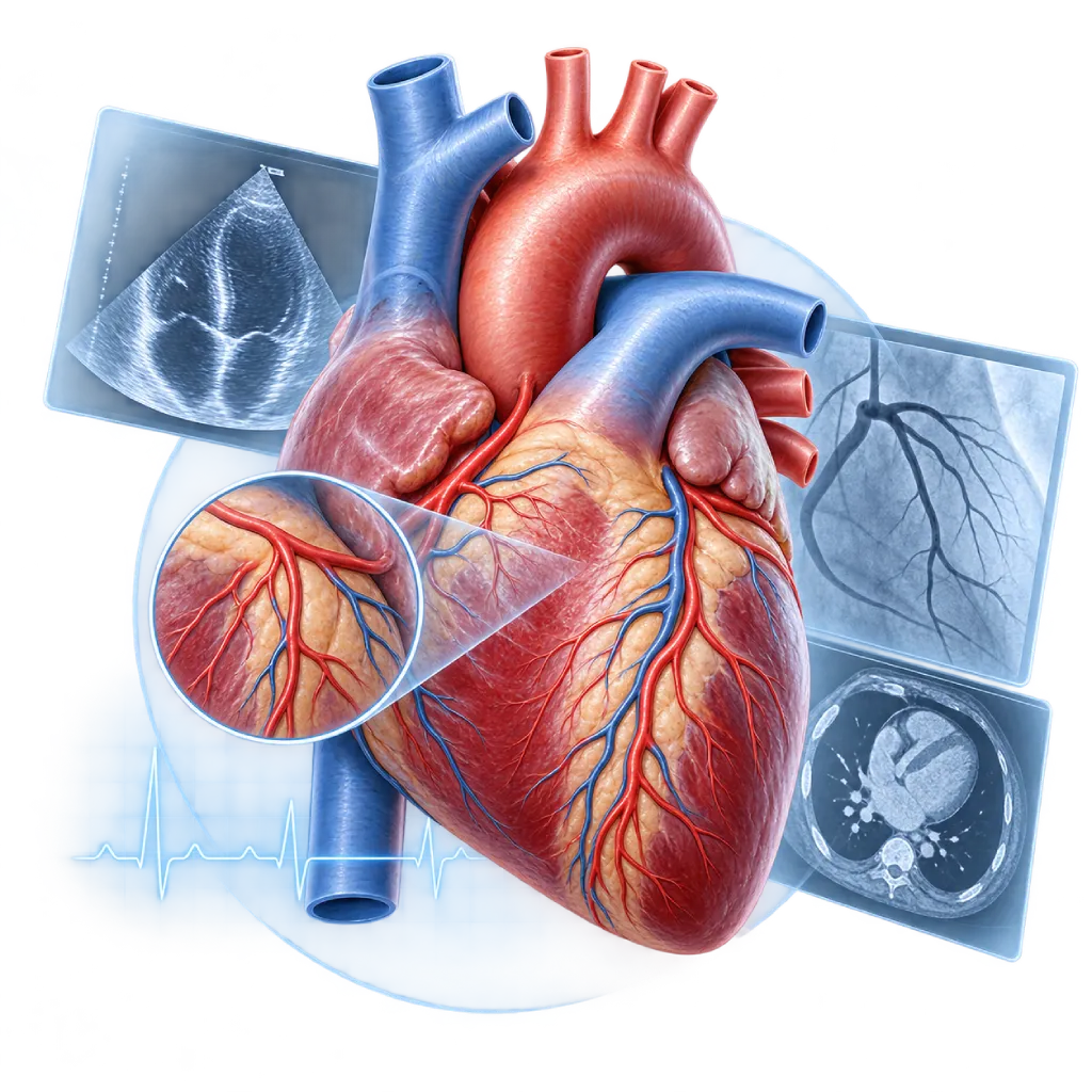 Ilustrasi anatomi jantung dengan elemen ekokardiografi, angiografi koroner, CT jantung, rekaman irama, dan pembesaran pembuluh koroner yang menggambarkan peninjauan bukti klinis dalam second opinion jantung.