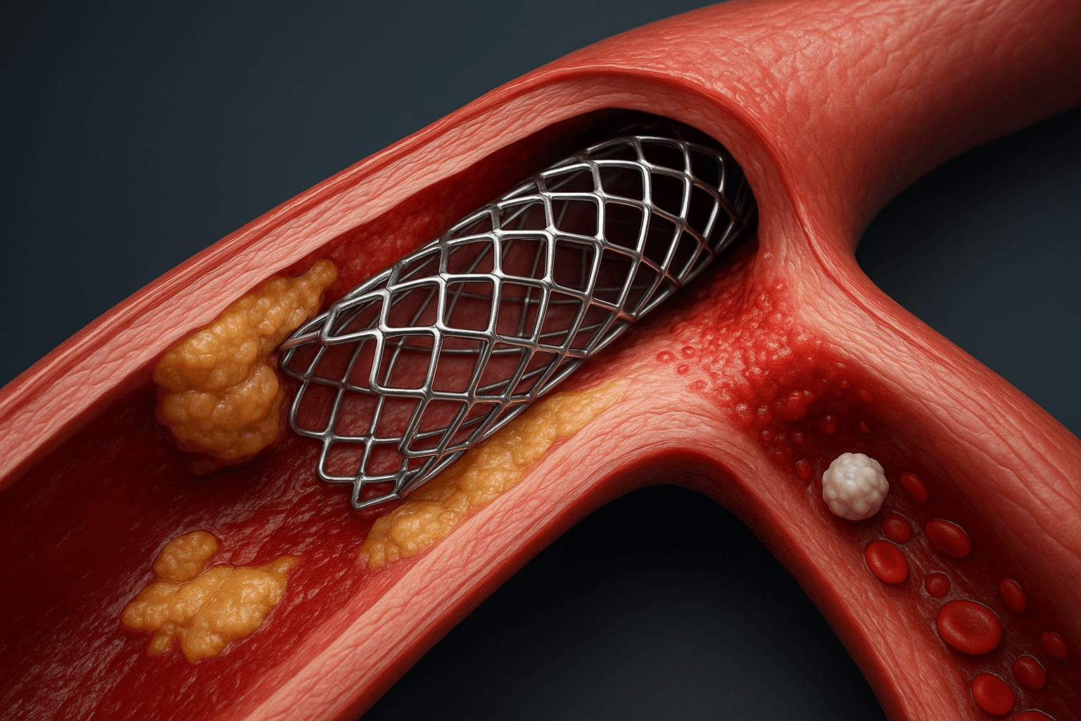 3D illustration of a metal mesh stent inside an artery with yellow plaque deposits and red blood cells
