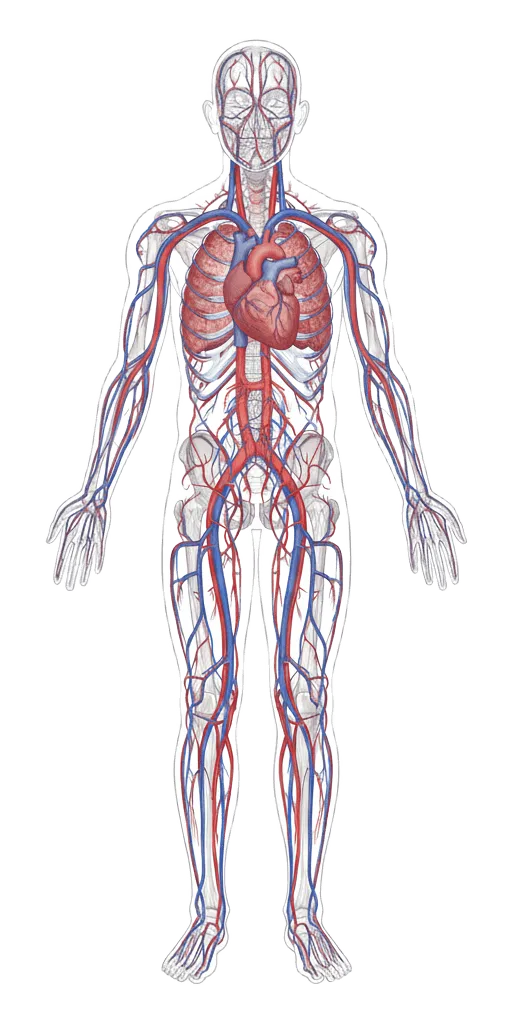 Illustration of the human cardiovascular system showing the heart, lungs, and arteries and veins throughout the body