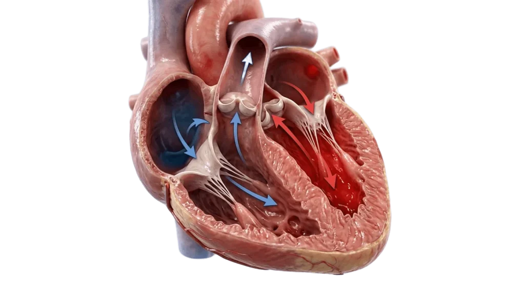 Gambar: Ilustrasi medis 3D penampang melintang jantung manusia yang sangat realistis. Gambar ini menampilkan detail anatomi bilik dan katup jantung, serta visualisasi arah sirkulasi darah beroksigen (