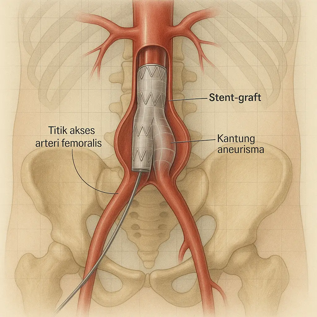 Gambar Ilustrasi Pemasangan Stent Graft pada Prosedur EVAR (Endovascular Aneurysm Repair)