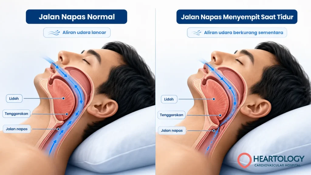 Gambar: Infografis medis yang menjelaskan perbedaan jalan napas normal dan jalan napas yang menyempit saat tidur pada sleep apnea, termasuk aliran udara yang lancar, penurunan aliran udara sementara,