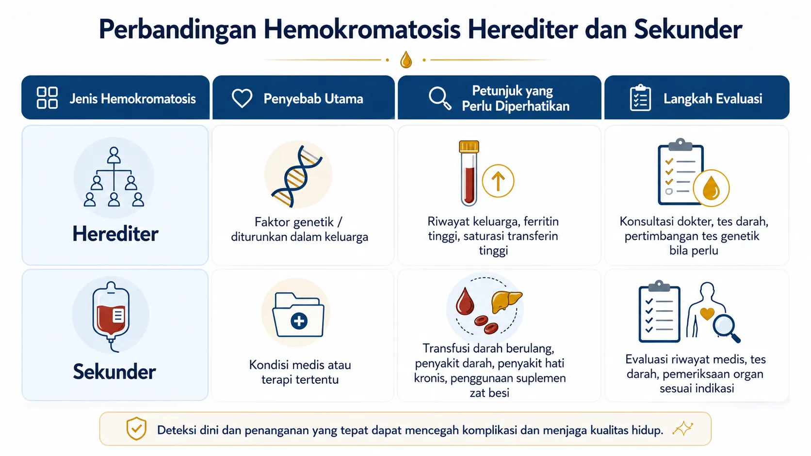 Infografis perbandingan hemokromatosis herediter dan sekunder